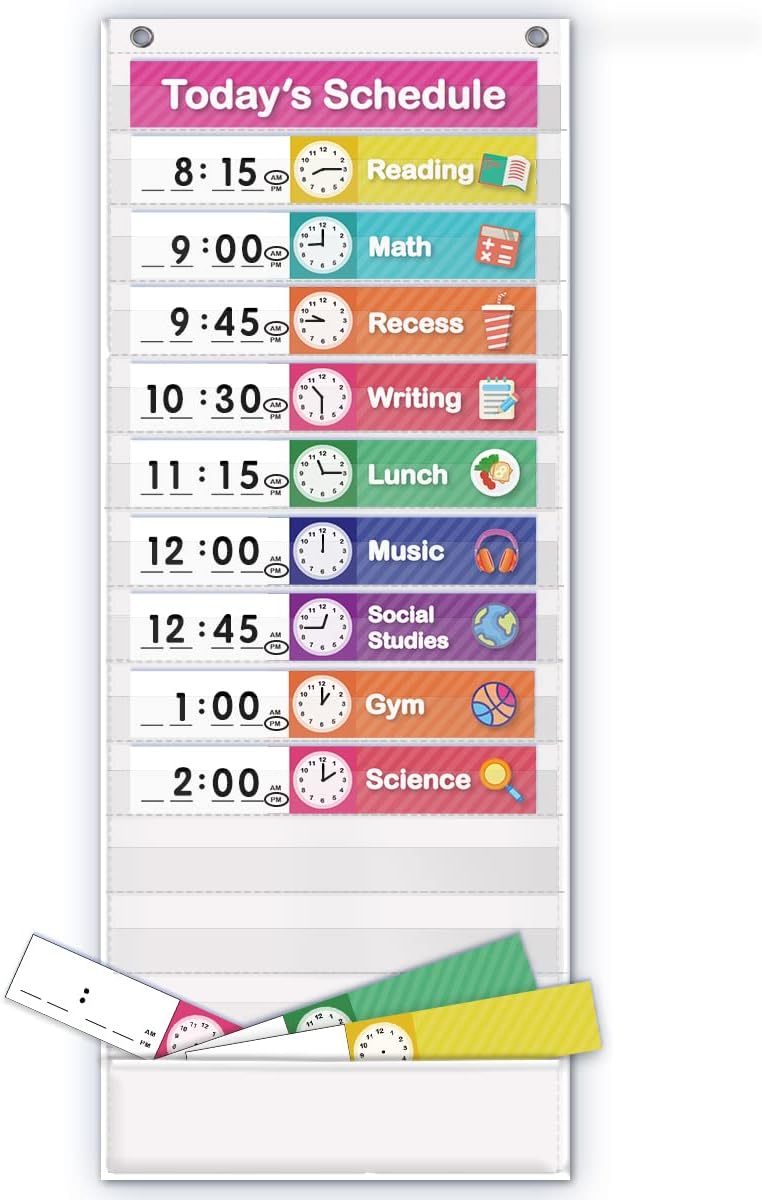 Eamay Daily Schedule Pocket Charts, Teaching Scheduling Pocket Chart, Hoom, Daily Scheduling Pocket Chart, Pocket Chart with 13+1 Pockets, 18pcs Dry Erase Cards and 2 Hooks (White) - Image 1